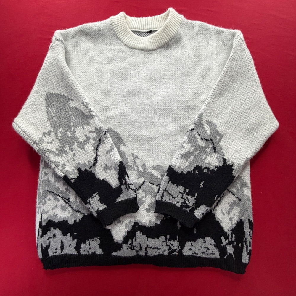 Mens Mountain Landscape Graphic Knit Crewneck Sweater Gray Black White XL